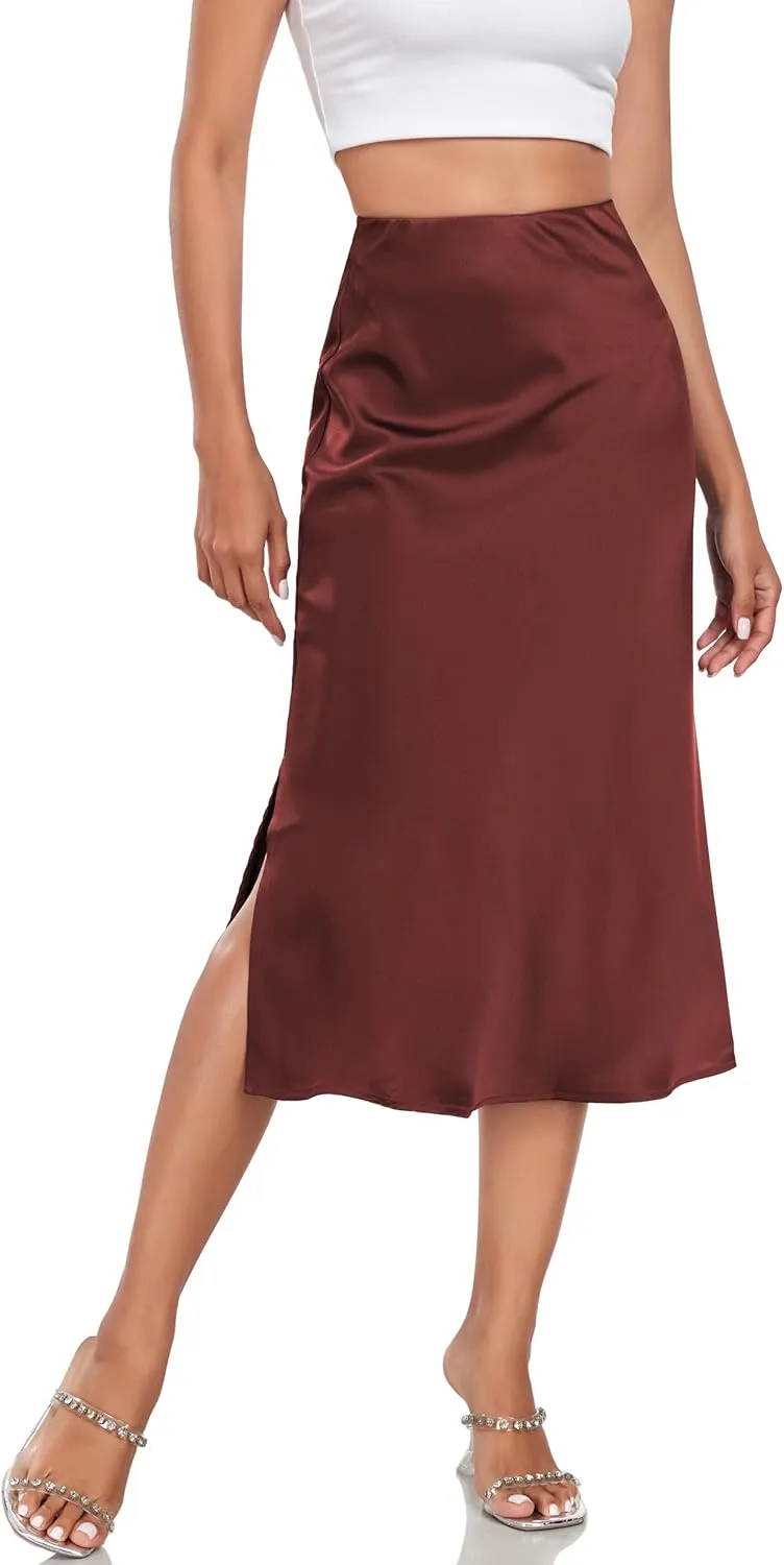 Women's Silk Satin Midi Skirts High Waist Elastic Ruffle Elegant A Line Elegant Casual Slit Party Skirt