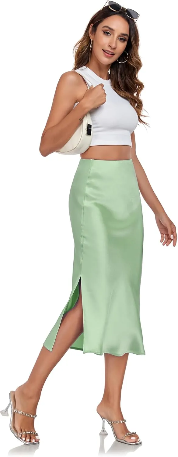 Women's Silk Satin Midi Skirts High Waist Elastic Ruffle Elegant A Line Elegant Casual Slit Party Skirt