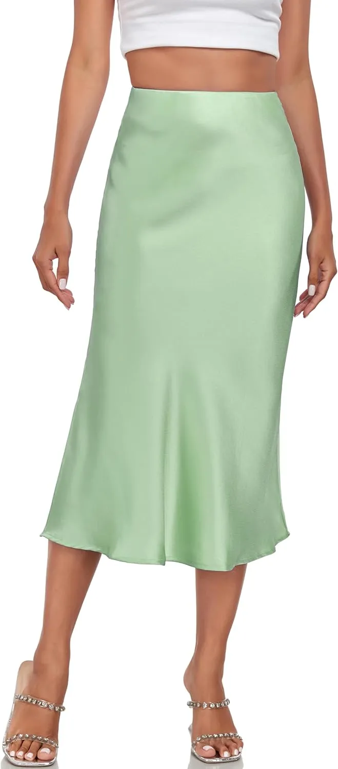 Women's Silk Satin Midi Skirts High Waist Elastic Ruffle Elegant A Line Elegant Casual Slit Party Skirt
