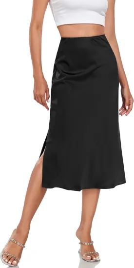 Women's Silk Satin Midi Skirts High Waist Elastic Ruffle Elegant A Line Elegant Casual Slit Party Skirt