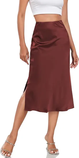 Women's Silk Satin Midi Skirts High Waist Elastic Ruffle Elegant A Line Elegant Casual Slit Party Skirt