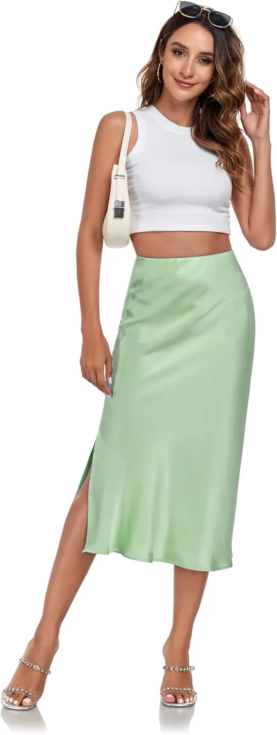 Women's Silk Satin Midi Skirts High Waist Elastic Ruffle Elegant A Line Elegant Casual Slit Party Skirt