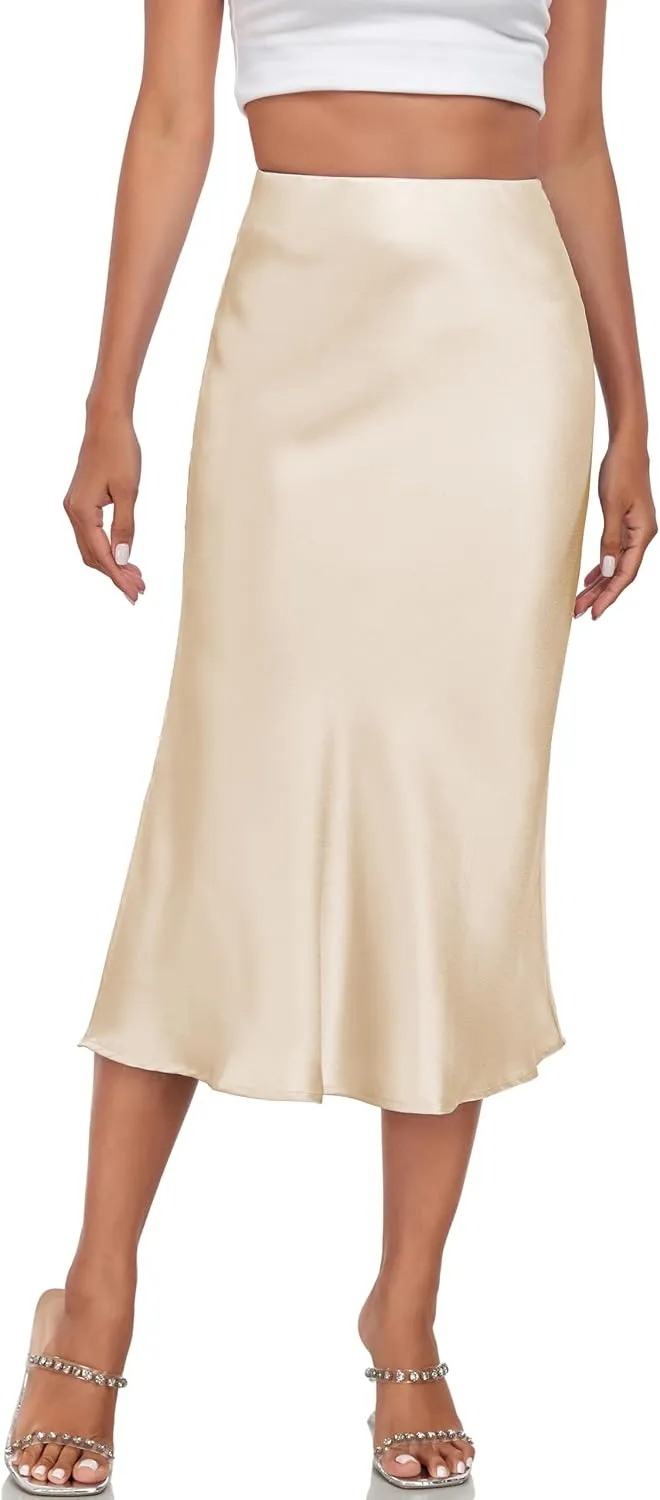 Women's Silk Satin Midi Skirts High Waist Elastic Ruffle Elegant A Line Elegant Casual Slit Party Skirt