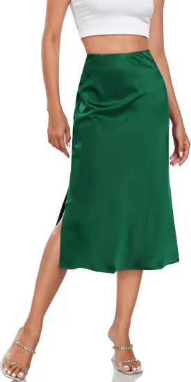 Women's Silk Satin Midi Skirts High Waist Elastic Ruffle Elegant A Line Elegant Casual Slit Party Skirt