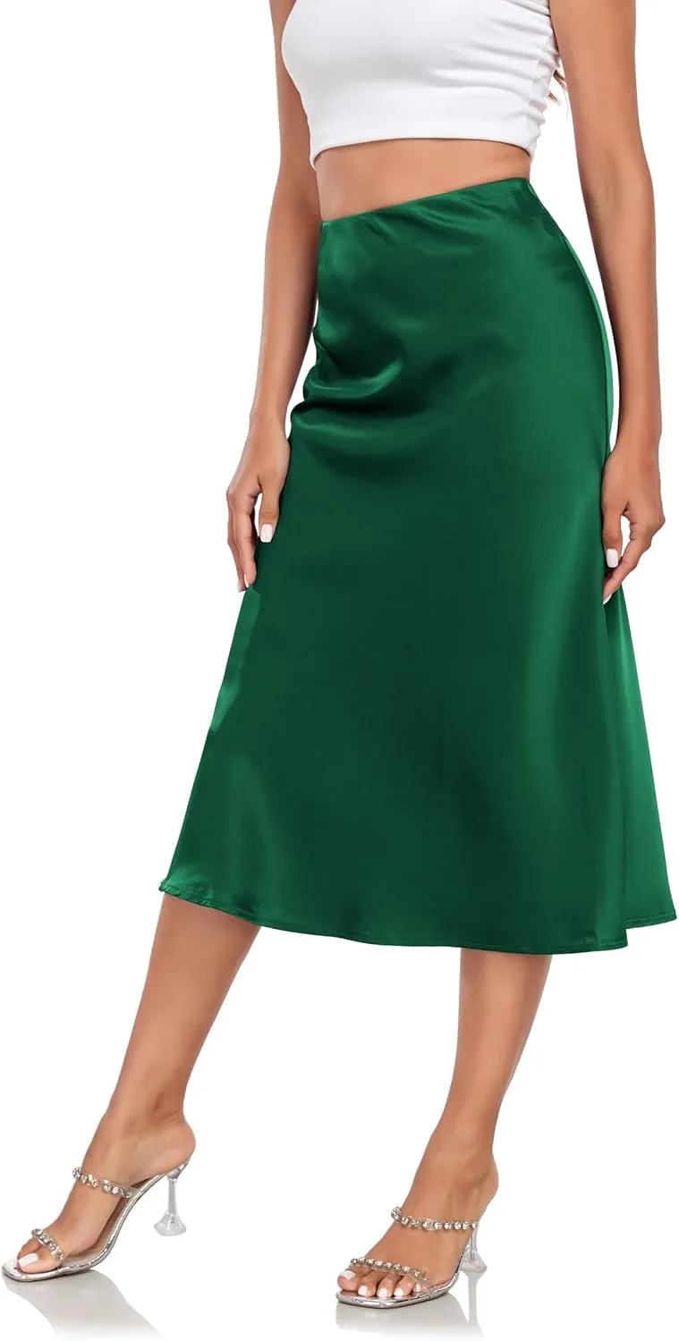 Women's Silk Satin Midi Skirts High Waist Elastic Ruffle Elegant A Line Elegant Casual Slit Party Skirt