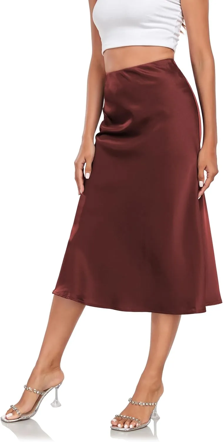 Women's Silk Satin Midi Skirts High Waist Elastic Ruffle Elegant A Line Elegant Casual Slit Party Skirt