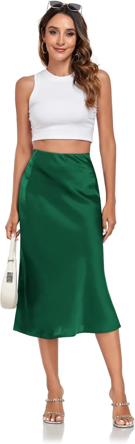 Women's Silk Satin Midi Skirts High Waist Elastic Ruffle Elegant A Line Elegant Casual Slit Party Skirt