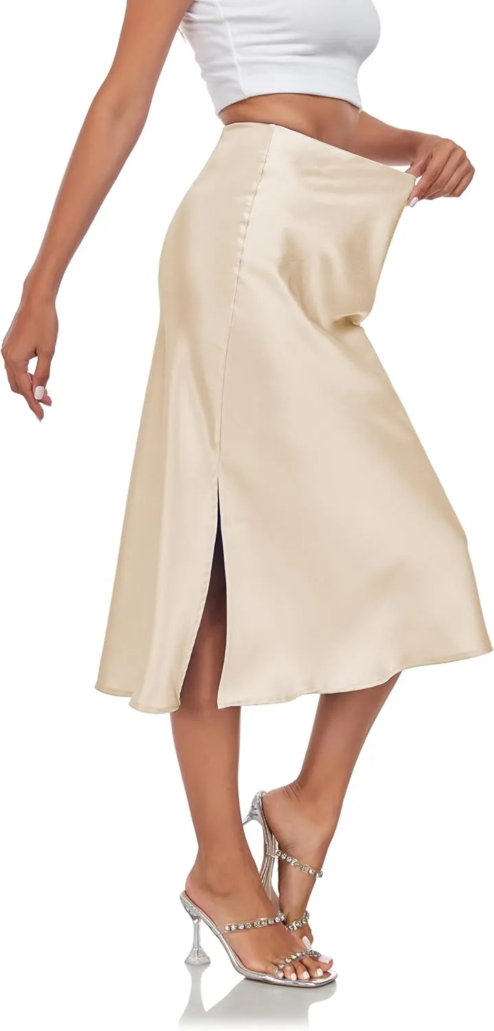 Women's Silk Satin Midi Skirts High Waist Elastic Ruffle Elegant A Line Elegant Casual Slit Party Skirt