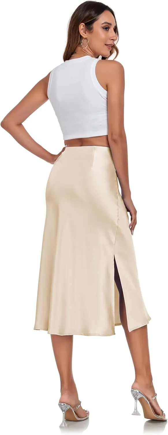Women's Silk Satin Midi Skirts High Waist Elastic Ruffle Elegant A Line Elegant Casual Slit Party Skirt