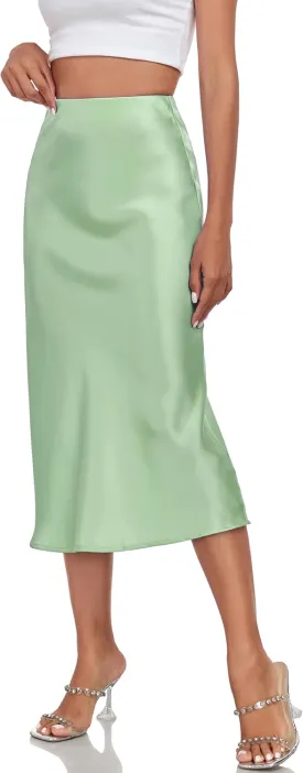 Women's Silk Satin Midi Skirts High Waist Elastic Ruffle Elegant A Line Elegant Casual Slit Party Skirt
