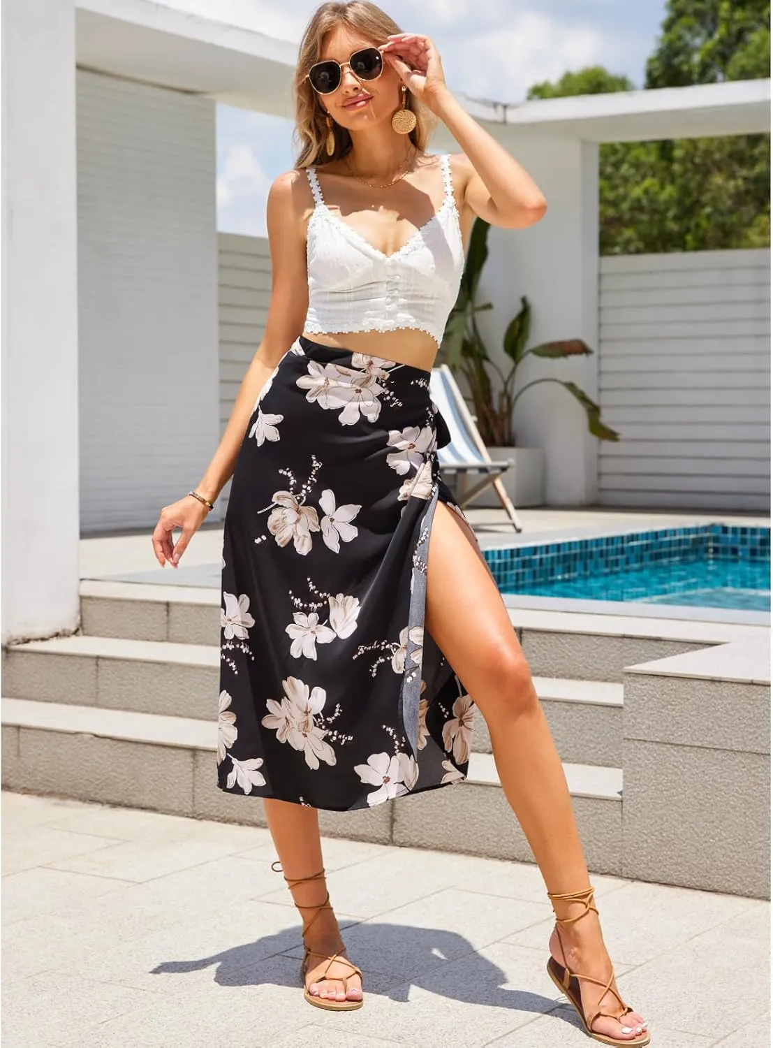 Wrap Skirts for Women Floral Midi High Low Slit Flowy Maxi Skirt 2 Sizes for All
